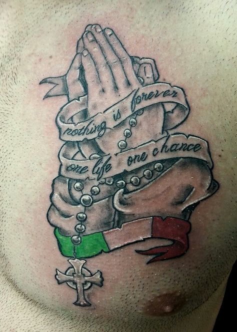 Praying Hands with Italian flag banner. Done by Tom Hacic @ RedHouse Tattoo Italian Flag Tattoo, Italian Tattoos Men, Italian Tattoos For Men, Gas Mask Tattoo, Pr Flag, Italian Tattoos, Praying Hands Tattoo, Flag Tattoo, Italian Flag