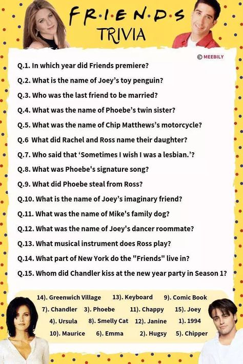 Could this Friends Trivia be any more harder? Check out if you know everything about your favorite sitcom. #friends #friendsshow #trivia #quiz #questions #answers #trivianight #party #partygames #friendsgames #triviagame #test #tv #television #show #worksheet Questions Friends, Best Friend Quiz Questions, Funny Trivia Questions, Funny Quiz Questions, Best Friend Test, Friends Trivia, Fun Quiz Questions, Fun Trivia Questions, Best Friend Quiz