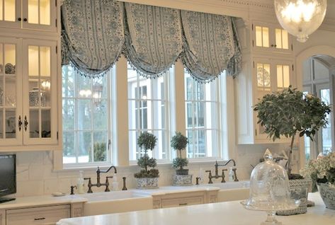 Blue and white Enchanted Home French inspired kitchen with farm sink and balloon valance Farm Sinks, French Country Ideas, Balloon Valance, French Country Decorating Kitchen, Cottage Kitchen Design, French Country Kitchens, The Enchanted Home, Blue White Decor, Fabulous Kitchens