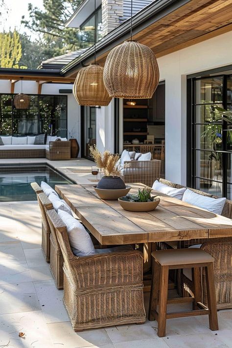 Outdoor Dining Table Ideas Backyards, Outdoor Inspo Backyards, Covered Outdoor Eating Spaces, Dining Deck Ideas, Deck With Table And Seating Area, Pool Dining Area, California Rooms Outdoor, Large Outdoor Patio Ideas, Outdoor Deck Dining