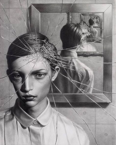 Incredible graphite drawing by @taisukemohri! . . . #beautifulbizarremagazine #contemporaryart #drawing #graphite #surrealism #figurativeart Mirror Drawings, Mirror Illustration, Reflection Art, Hand Drawn Portraits, Shattered Glass, Broken Glass, Graphite Drawings, Wow Art, Pencil Art Drawings