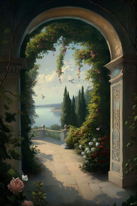 Nature Oil Painting Aesthetic, Nature Murals Painted, Old Oil Paintings Aesthetic, Oil Paint Aesthetic, Archway Painting, Mansion Painting, Old Balcony, Old House Painting, Floral Archway