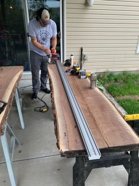 I was in MN this past weekend and my brother wanted to make a bookmatched, live edge, walnut dining table. If you’re not familiar with bookmatched, it’s two consecutive slabs from a log that you can glue together to make a larger slab and the grain and character match up very well. He didn’t have the shop or tools I have in Nashville so this is a great diy project!!! First thing I wanted to have is a set of calls. We used 8’ 2x4s cut in half and glued and screwed together. These woul… Live Edge Table Diy, Live Edge Walnut Dining Table, Hairpin Dining Table, Glow Table, Build A Farmhouse Table, End Table Makeover, Dining Table Makeover, Epoxy Projects, Nook Table