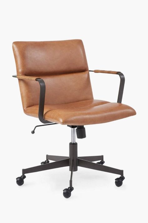 West Elm Office, West Elm Desk, Mid Century Desk Chair, Brown Leather Office Chair, West Elm Mid Century, Mid Century Office Chair, Mid Century Desk, Leather Office, Swivel Office Chair