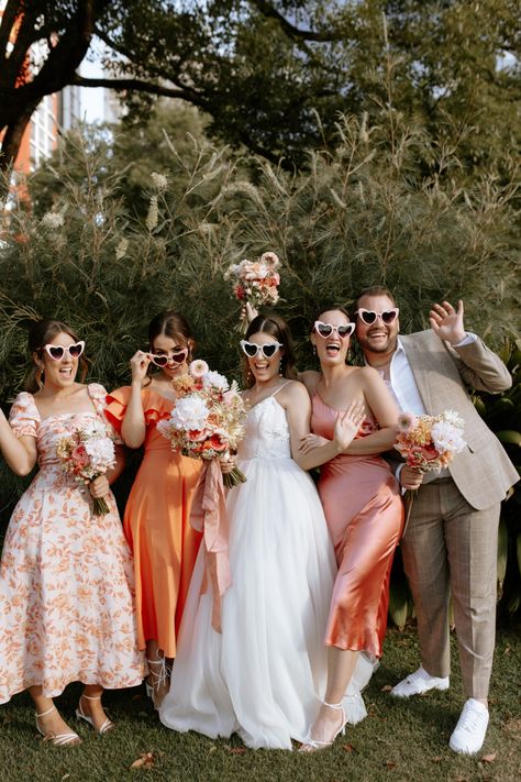 Desert Pastel Wedding, Pastel Wedding Party, Beige Bridesmaids, Pastel Bridesmaids, Orange And Pink Wedding, Peach Bridesmaid, Peach Bridesmaid Dresses, Pastel Bridesmaid Dresses, Orange Bridesmaid