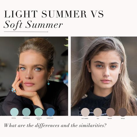 Light Summer VS Soft Summer comparison. What are the differences between the Light Summer Palette that neighbours Spring and the Soft Summer Palette that neighbours Autumn? ⁠ .⁠ #coloranalysis #colouranalysis #summerpalette #lightsummer #softsummer #coloranalyst Soft Summer Vs Light Summer, Light Summer Vs Soft Summer, Soft Summer Brunette, Light Summer Palette, Light Summer Makeup, Season Analysis, Soft Summer Makeup, Summer Brunette, Colour Season