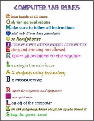 Computer Rules For Classroom, Computer Chart Ideas, Computer Lab Rules Posters, Computer Lab Posters, Computer Ethics, Computer Rules, Computer Lab Rules, Lab Rules, School Computer Lab