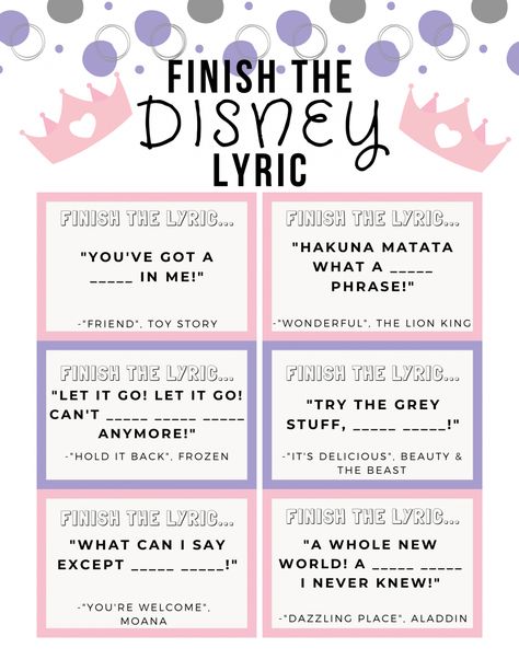 Guess the Lyric! Game - Sandee Booth Disney Theme Games, Disney Games For Adults, Finish The Lyrics Game, Disney Themed Games, Disney Party Games, Guess The Lyrics, Princess Items, Disney Camp, Disney Trivia Questions