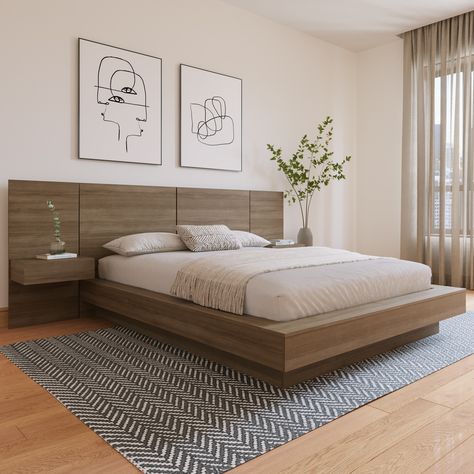 This elegant bed redefines luxury, featuring an opulent headboard with integrated extension panels and floating nightstands, all highlighting the exquisite beauty of natural oak. King Size Bed Master Bedrooms, Floating Headboard, Minimalist Bedroom Furniture, Floating Nightstands, Platform Bedroom, Elegant Bed, Floating Bed Frame, Platform Bedroom Sets, Wood Bedroom Sets