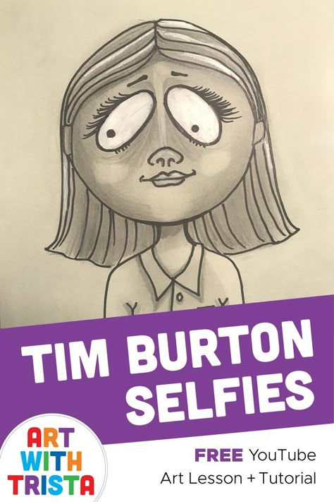 Self Portrait Art Lesson, Portrait Art Lesson, Tim Burton Drawings Style, Halloween Art Lessons, Tim Burton Drawings, Tim Burton Art Style, Self Portrait Art, Halloween Art Projects, 7th Grade Art