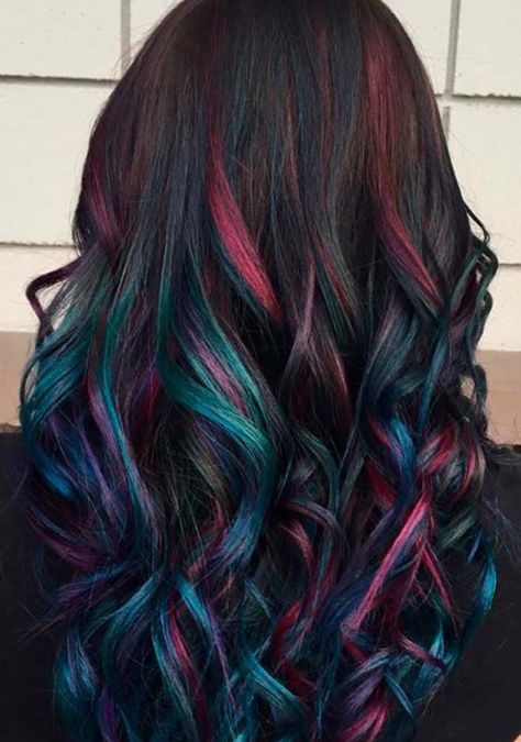 Dark Brown Hair With Fashion Color, Oil Slick Hair Color, Oil Slick Hair, Dyed Tips, Hair Dye Tips, Rainbow Hair Color, Hair Color Crazy, Hair Diy, Brunette Color