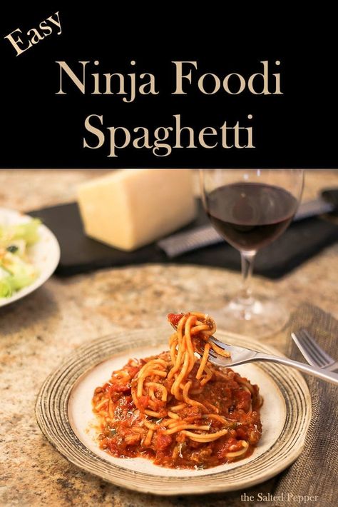 Quick & Easy NO FAIL spaghetti recipe for the Ninja Foodi or IP. If you like a saucy spaghetti with al dente noodles, this recipe is for you! No more clumpy, stuck together, and over cooked noodles. This recipe is sure to please the entire family! #ninjafoodirecipes #easyninjafoodirecipe Ninja Foodie Spaghetti, The Salted Pepper, Ninja Foodi Spaghetti Recipe, The Salted Pepper Ninja Foodi Recipes, Ninja Foodi Recipes For Beginners, Ninja Foodi Spaghetti, Ninja Foodi Recipes, Pressure Cooker Spaghetti, Instant Pot Spaghetti Recipe