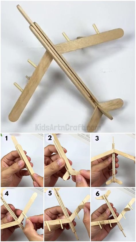 Cool Airplane Popsicle Stick Craft Step-by-step Tutorial For Kids - Kids Art & Craft Popsicle Stick Plane, Straw Airplane Craft, Popsicle Crafts For Preschoolers, Popsicle Stick Ideas, Popsicle Stick Airplane, Easy Popsicle Stick Crafts, Crafts With Popsicle Sticks, Easy Wood Crafts, Airplane Craft