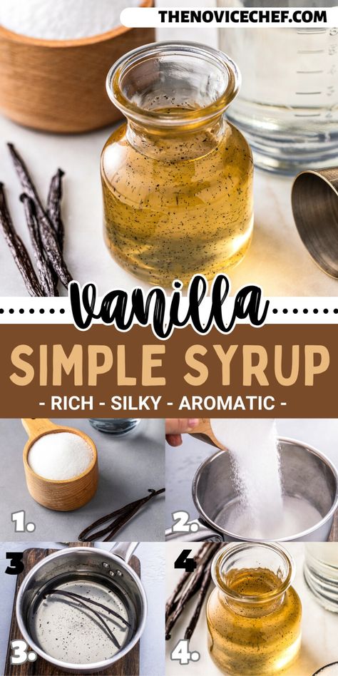 Made with just three ingredients, this fragrant Vanilla Simple Syrup is the perfect homemade sweetener for coffee, cocktails, and baking. You'll fin a million uses for this simple sweetener! Vanilla Simple Syrup Recipe For Coffee, Homemade Vanilla Syrup For Coffee, Simple Syrup For Cocktails, Syrups For Coffee, Vanilla Simple Syrup, Syrup For Cocktails, Vanilla Syrup For Coffee, French Vanilla Syrup, Homemade Coffee Syrup