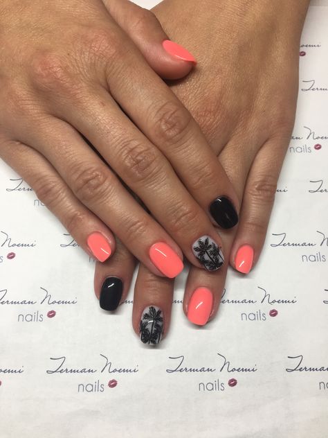 Summer nails, palmtree nails, coral nails, black nails, love nails! 🖤❤️ Nails Coral, Nails Love, Coral Nails, Nails Black, Love Nails, Black Nails, Neon Pink, Palm Tree, Summer Nails