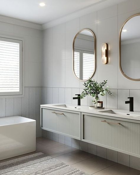 Hampton Vanity Bathroom, Hamptons Tapware, Modern Hamptons Bathroom, Hamptons Bathroom Ideas, Double Floating Vanity, Hampton Style Bathroom, Off White Bathroom, Hamptons Bathroom, Floating Vanity Bathroom