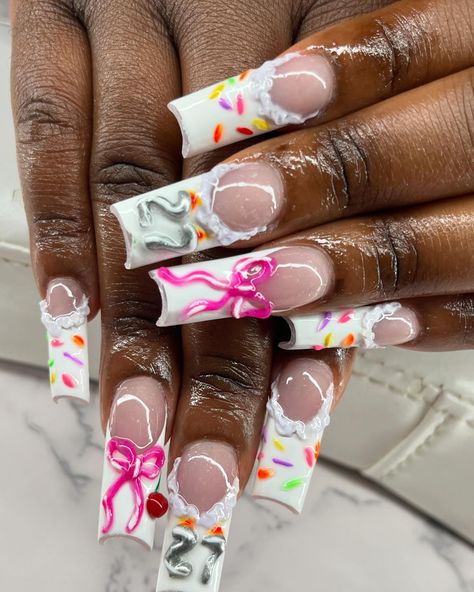 Had to turn my girl up for her birthday 😍😍😍 and I made all the 3d art with ACRYLIC 💪🏾 . . Want this look? Book under “Art set” and add tier 3 and make it XXTRA . . Austin nail tech, atx nails, Austin nails, nails of instagram, nail art, art nails, birthday nails, cake nails Birthday Candle Nails, Birthday Nails 22, Disney Birthday Nails, Medium Birthday Nails, 24th Birthday Nails, Austin Nails, Cute Birthday Nail Ideas, Birthday Nails 12, Candle Nails