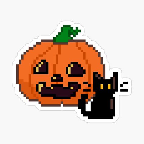 Get my art printed on awesome products. Support me at Redbubble #RBandME: https://www.redbubble.com/i/sticker/Pixel-art-halloween-Jack-o-lantern-and-black-cat-by-JulesDoodles03/164409390.EJUG5?asc=u Pixel Art Halloween, Black Cat Sticker, Halloween Jack O Lanterns, Art Halloween, Halloween Jack, Halloween Stickers, Cat Stickers, Easy Halloween, Jack O