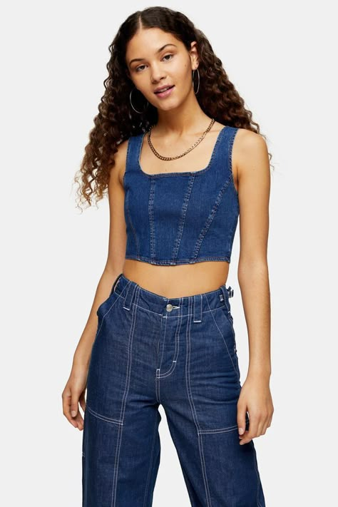 Denim Crop Top Outfit, Jeans And Crop Top Outfit, Denim Top Outfit, Crop Top Styles, Crop Top Outfit, Denim Corset Top, Crop Top With Jeans, Diy Vetement, Denim Crop Top