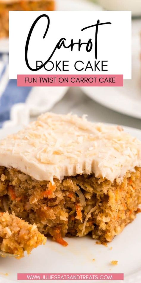 This delicious and moist carrot poke cake is the perfect dessert for any occasion. Made with fresh carrots and topped with a creamy cream cheese frosting, it's sure to be a hit with everyone who tries it! Carrot Cake Recipe From Scratch, Carrot Cake Recipe Homemade, Carrot Cake With Pineapple, Moist Carrot Cake, Carrot Cake Recipe Easy, Cream Cheese Frosting Cake, Carrot Cake With Cream Cheese, Carrot Cakes, Moist Carrot Cakes