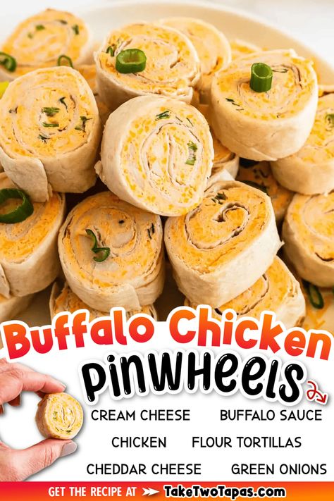 Buffalo Chicken Pinwheels are the ultimate flavor-packed crowd-pleasing appetizer requiring only 7 ingredients and 10 minutes of prep! Bunco Food Ideas, Peach Cider, Buffalo Chicken Pinwheels, Bunco Food, Buffalo Chicken Rolls, Potluck Appetizers, Chicken Pinwheels, Wings Recipe Buffalo, Dips Party