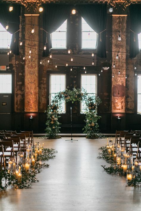 Moody Indoor Wedding Ceremony, Wedding Alter Floor Decor, Ceremony Venue Ideas, Indoor Alter Ideas, Wedding In Old Building, Urban Wedding Ceremony, Smilax Arch, Church Wedding Venue Ideas, Milwaukee Wedding Venues