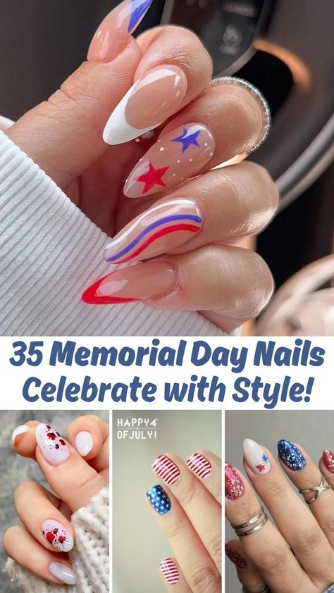 Memorial Day Nail Designs Memorial Day Nails Almond, Memorial Weekend Nails, Memorial Day Nail Ideas, Memorial Nails, Memorial Day Nails, Nail Deaigns, Festive Nail Designs, Gel Nails French, Different Types Of Nails