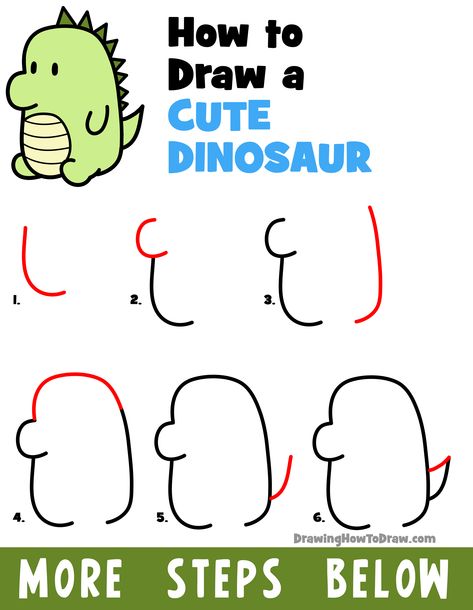 Chibi Easy, Cute Dinosaur Drawing, Easy Dinosaur Drawing, Dino Drawing, Hand Lettering Alphabet Fonts, Easy Drawing Steps, How To Draw Steps, Dinosaur Drawing, Drawing Tutorials For Kids