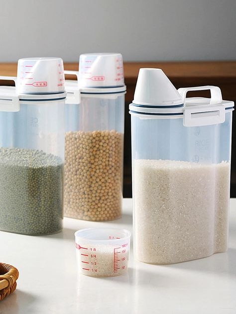 1pc Clear Food Storage Box With Measuring Cup | SHEIN USA Clear Plastic Storage Containers, Cereal Storage, Kitchen Storage Boxes, Dry Food Storage, Airtight Storage, Pet Food Storage, Grain Storage, Kitchen Organization Pantry, Food Storage Container Set