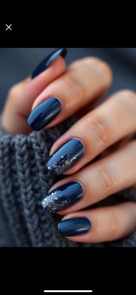 Blue And Sliver Nails Ideas Short, Sparkly Navy Blue And Silver Nails, New Years Short Gel Nails, Deep Blue Sparkle Nails, New Years Nails Navy Blue, Navy Blue And Glitter Nails, Midnight Themed Nails, Dark Blue Nails Christmas, Navy Manicure Ideas