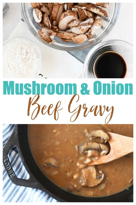 Irresistible Mushroom Onion Gravy Recipe - If you're looking for the best brown gravy recipe, you need to try this Mushroom Onion Gravy that's loaded with comforting, homestyle flavor. It's perfect for amplifying the flavor of Salisbury Steak, Steak Tips, or mashed potatoes. Believe me when I tell you, this gravy is truly irresistible! #beefgravy #mushroomgravy #mushroomandoniongravy #gravy #beefbroth via @sizzlingeats Mushroom Onion Gravy Recipe, Mushroom Brown Gravy Recipe, Mushroom Gravy For Steak, Best Brown Gravy Recipe, Salisbury Meatballs, Mushroom Onion Gravy, Red Onion Gravy, Brown Gravy Recipe Easy, Steak Stroganoff