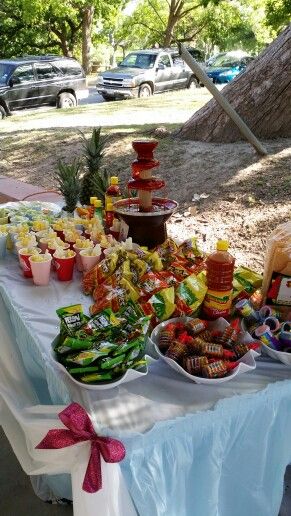 *Chamoy Fauntain* Chamoy Fountain Ideas, Chamoy Party Table, Chamoy Fruit Table, Hot Cheeto Bar Party, Chamoy Table For Party, Chamoy Candy Table Ideas, Chamoy Fountain Bar, Chamoy Fountain, Chamoy Bar