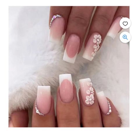 Squoval Acrylic Nails, Nail Art Blanc, Press On Nails French Tip, Rhinestones Designs, French Tip Fake Nails, Pink White Nails, Nails French Tip, Square Press On Nails, Nails Glossy