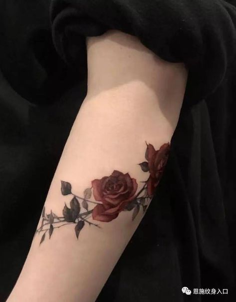 Roses Wrap Around Tattoo, Arm Wrap Tattoo Roses, Rose Branch Tattoo, Rose Tattoo Wrapped Around Wrist, Roses Wrapped Around Arm Tattoo, Rose Thorns Wrapped Around Arm Tattoo, Wrap Around Rose Thorn Tattoo, Rose Arm Tattoo, Dark Red Rose Tattoo