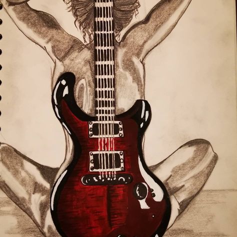 Pencil sketch with guitar picked out in acrylics Guitar Sketch, Guitar Drawing, Eddie Van Halen, Charcoal Drawing, Pencil Sketch, Girl Drawing, Art Sketches, Lady In Red, Sketch Book