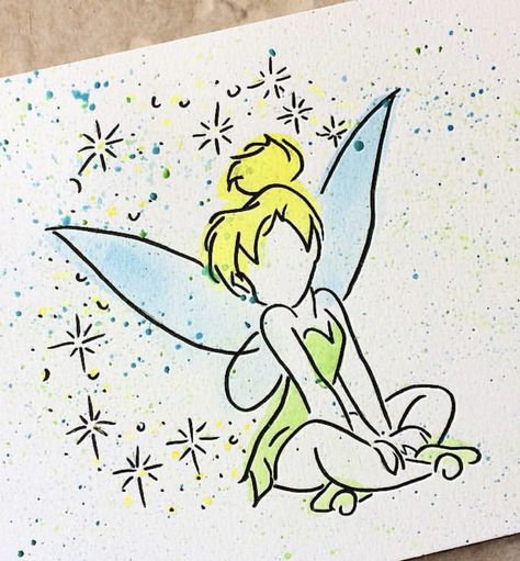 Drawing Ideas Tinkerbell, Tinkerbell Doodle, Disney Doodles Simple, Pixar Drawings, Tinkerbell Painting, Tinkerbell Watercolor, Disney Drawing Ideas, Tinkerbell Art, Tinkerbell Drawing