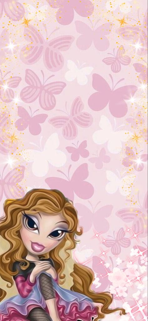 Bratz’s Pixy Yasmine wallpaper with butterfly background and sparkly shine Bratz Phone Wallpaper, Bratz Lockscreen, Wallpaper With Butterfly, Yasmine Bratz, Bratz Wallpaper Iphone, Bratz Wallpaper, Bratz Yasmin, Witchy Wallpaper, Pink Wallpaper