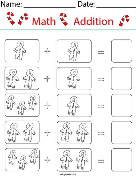 Add the Gingerbread Men Math Worksheet - Twisty Noodle Gingerbread Man Math, Twisty Noodle, Calendar Activities, Matching Worksheets, Addition Worksheets, Math Printables, Math Addition, Math Activities Preschool, Activities Preschool