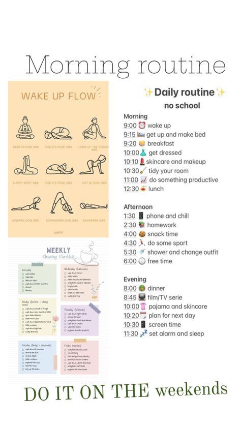 Morning Routines Weekend, Clean Day Routine, That Girl Schedule, That Girl Weekend Routine, Morning Weekend Routine, Saturday Night Routine, Morning Routine Infographic, Weekday Schedule, Saturday Morning Routine