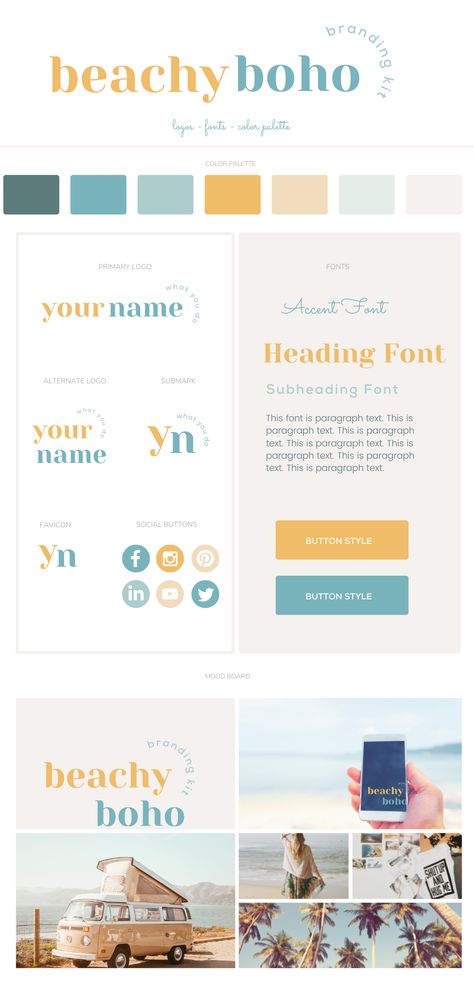 Brand your business the easy way with branding color palette pack of Canva Templates for virtual assistants. You get beachy boho web design inspiration and boho inspired website branding mood boards. Grab your Canva templates and get your small business branding up and running from Carissa Erickson Web Design. Branding Guide Template, Beachy Branding Design, Brand Kit Ideas, Brand Identity Presentation, Branding Kit Templates, Canva Branding Kit, Website Branding Design, Brand Identity Kit, Branding Mood Board Inspiration