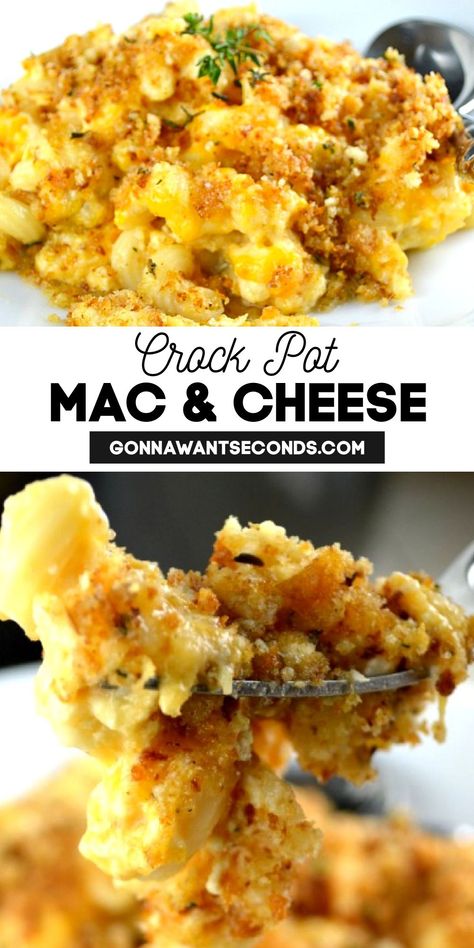 Crock Pot Mac and Cheese on a plate Mac Cheese In Crock Pot, Football Mac And Cheese, Crockpot Mac And Cheese With Panko Crumbs, Crock Pot Recipes Mac And Cheese, Crockpot Meals Mac And Cheese, Max And Cheese Recipes Crockpot, Crock Pot Mac And Cheese With Bread Crumbs, 5 Cheese Mac And Cheese Crock Pots, Crockpot Mac And Cheese Recipe With Breadcrumbs