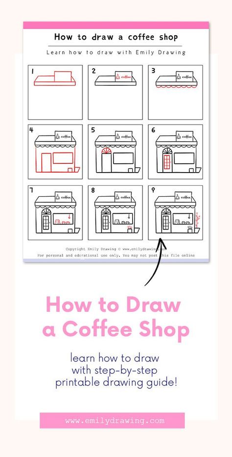 How to draw a Coffee Shop 10 Minutes Coffee Shop Drawing, Super Easy Drawings, Shop Drawing, Cute Coffee Shop, How To Draw Steps, Drawing Tutorials For Beginners, Coffee Drawing, Real Coffee, Shop Artwork