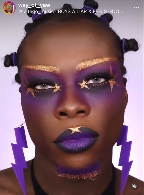 Purple Gold Eyeshadow, Black Drag Queen Makeup, Pink And Yellow Makeup, Red Graphic Liner, Black Alt, Artsy Makeup, Space Makeup, Yellow Makeup, Yellow Eyeshadow