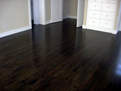 Ebony floors (yes, they'll need to be swept/cleaned a lot but I don't care lol) Ebony Floors, Dark Stained Wood Floors, Cheap Vinyl Flooring, Staining Wood Floors, Black Wood Floors, Future Farmhouse, Wood Floor Colors, Living Room Wood Floor, Vinyl Laminate Flooring