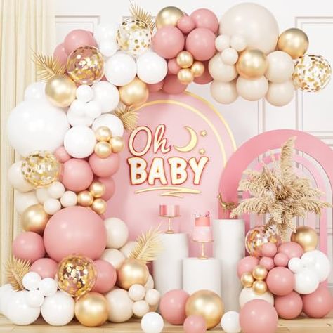 Tea Party Bachelorette, Pink White Balloons, Baby Shower Garden, Pink Balloon Garland, Outdoor Background, Champagne Balloons, Fiesta Shower, Shower Garden, Camping Theme Party