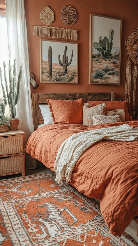 Cozy boho bedroom with terracotta walls, cacti art, soft orange linens, wooden furniture, and natural light. Burnt Orange Boho Room, Western Terracotta Bedroom, Boho Bed Linen, Sunflower Bedroom Aesthetic, Arizona Inspired Bedroom, Boho Bedroom Terracotta Bedding, Bedroom Inspirations Orange, Orange And Brown Room Aesthetic, Rustic Orange Bedroom Ideas