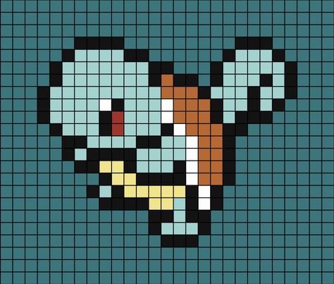 A pixel art template of Squirtle from Pokémon. Perler Bead Art Pokemon, Cute Pokemon Pixel Art, Pokemon Tapestry Crochet, Pokemon Pixel Art 32x32, Pokemon Pixel, Pokemon Pixel Art, Pixel Pokemon, Pixel Kawaii, Kawaii Cross Stitch