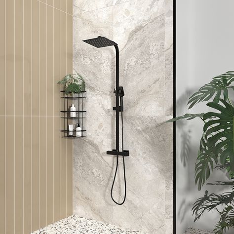 Featuring a slimline square shower head and a powerful handset, this Twiss Shower Rail kit gives you adjustability and an on-trend matt black finish. Made from durable stainless steel, this shower also comes with an exposed dual outlet bar valve and diverter to switch between the hand shower and shower head. Square Shower Head, Traditional Modern Bathroom, Black Shower Tray, Toilet And Bathroom Design, Large Shower Heads, Square Shower Enclosures, Corner Shower Enclosures, Frameless Shower Enclosures, Bath Shower Screens