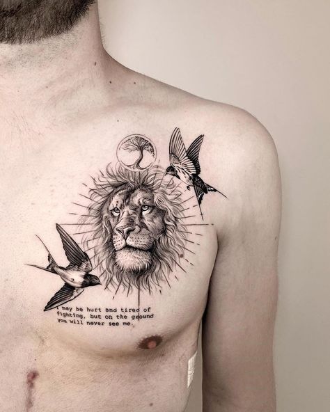 Amazing lion sparrows typography circle tree chest geometric tattoo by awesome artist Matias Noble @matiasnobletattoo ! Tattoo Of Animals, Lion Tattoo Design Chest For Men, Tatoos Men Back, Lion Tattoo Chest, Typography Circle, Tree Chest, Simple Lion Tattoo, Black And White Rose Tattoo, Lion Chest Tattoo