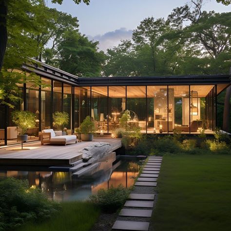 Modern House With Tree Inside, Glass Exterior House, Modern Nature House Exterior, Modern Eco Home Exterior, Forest Glass House, Glass House In The Woods, Soata Architects, Small Glass House Design, Glass Front House